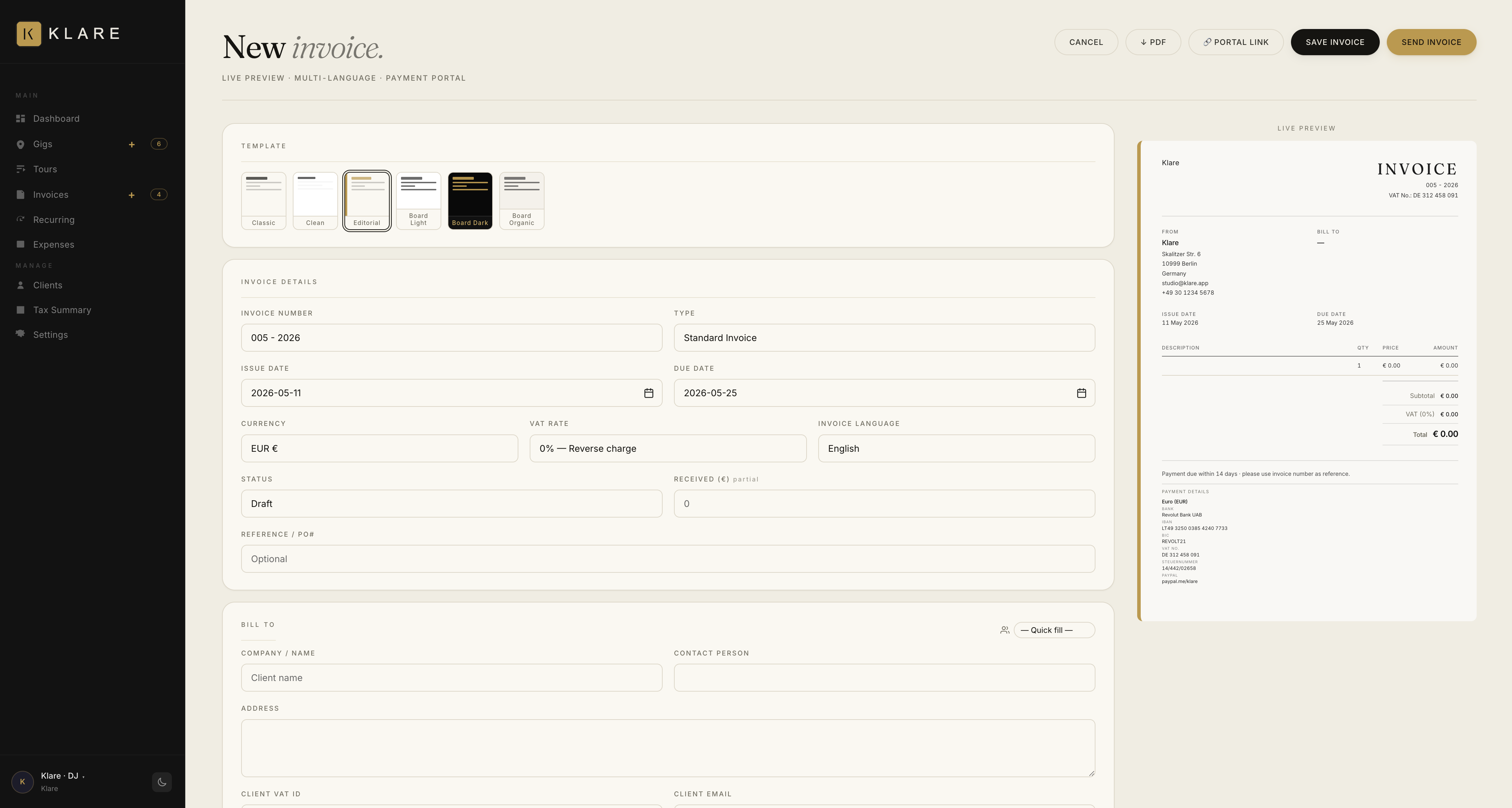 Klare invoice editor with six templates, the Editorial template selected, and the live preview rendering on the right