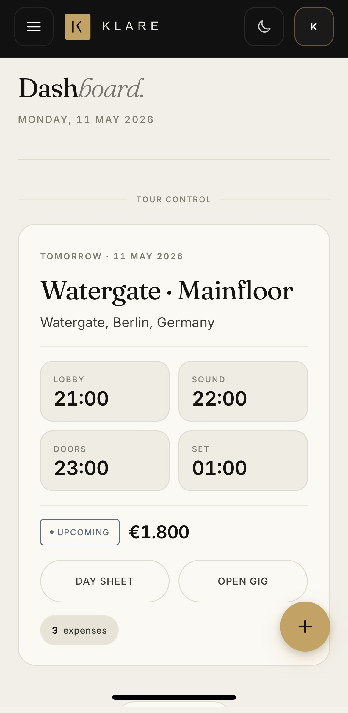 Klare dashboard with priority gig: Watergate Mainfloor, Berlin