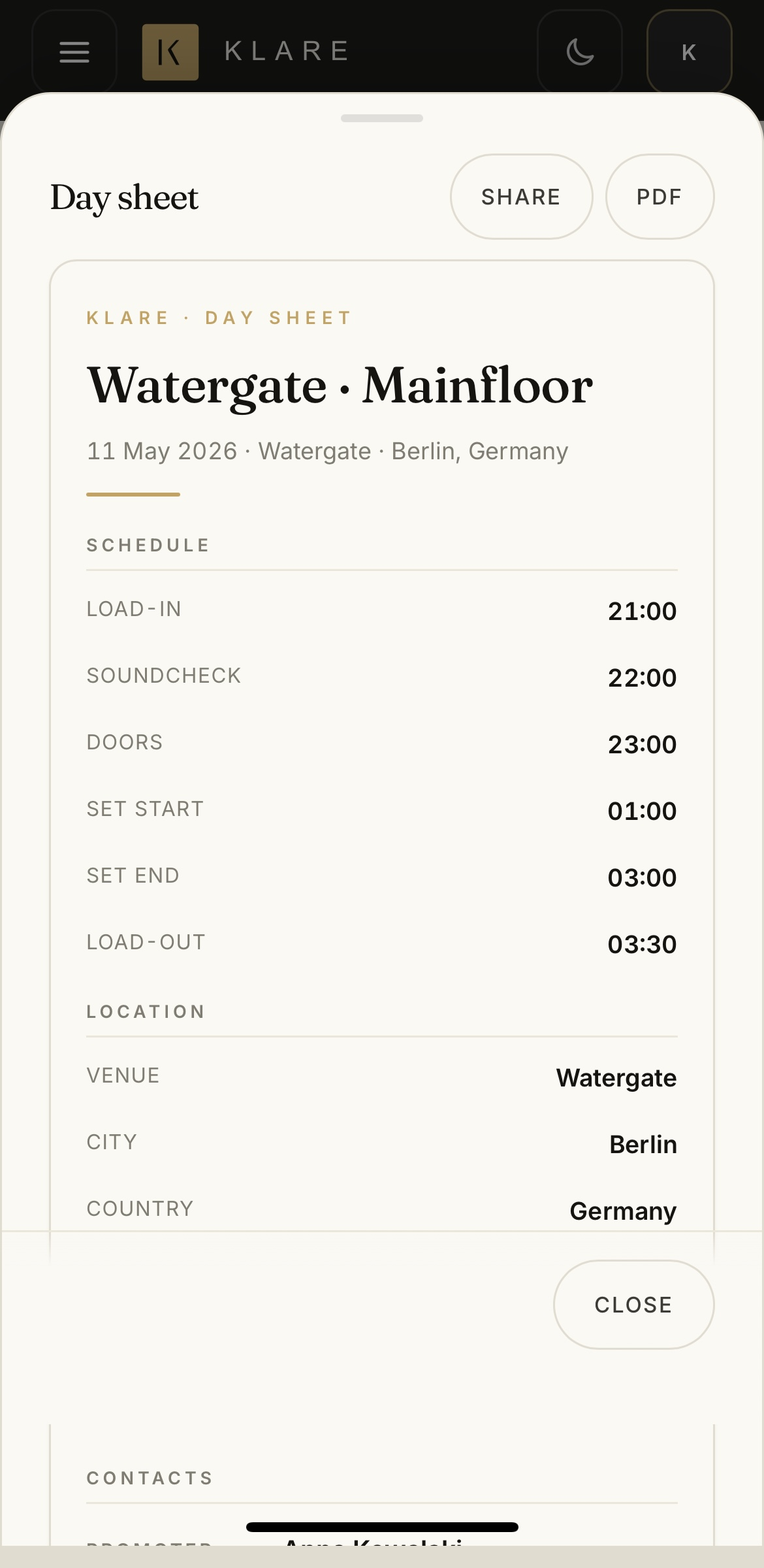 Klare day sheet with share and PDF actions