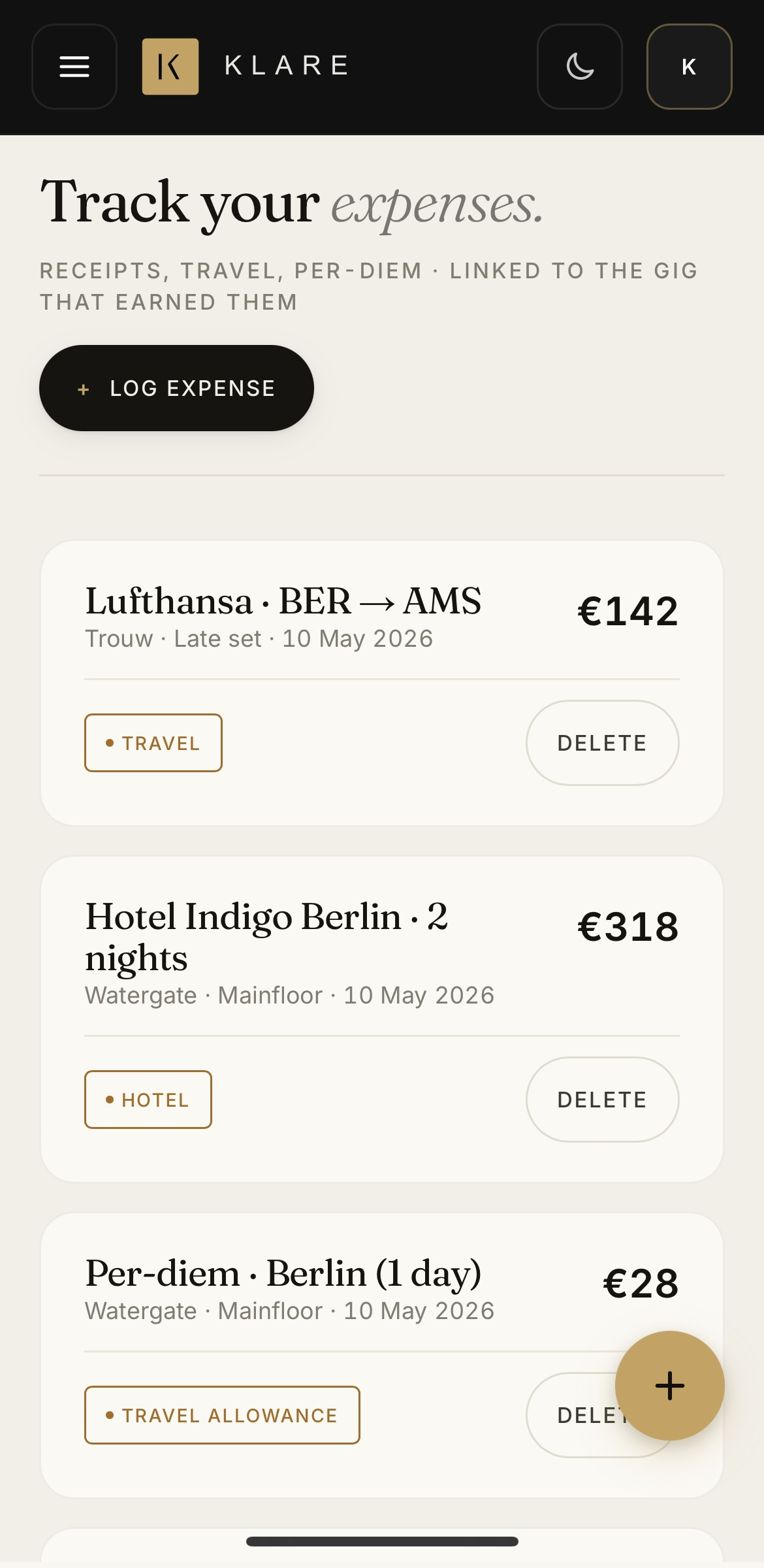 Klare expenses: receipts, travel, per-diem linked to gigs
