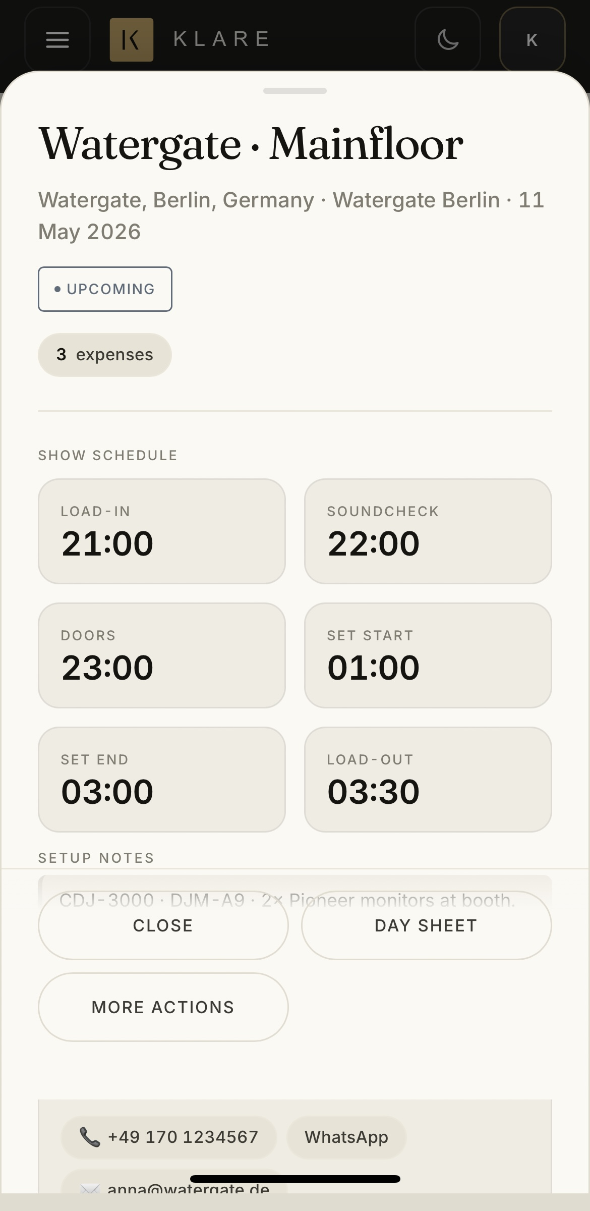 Klare gig detail: full schedule, setup notes, contacts