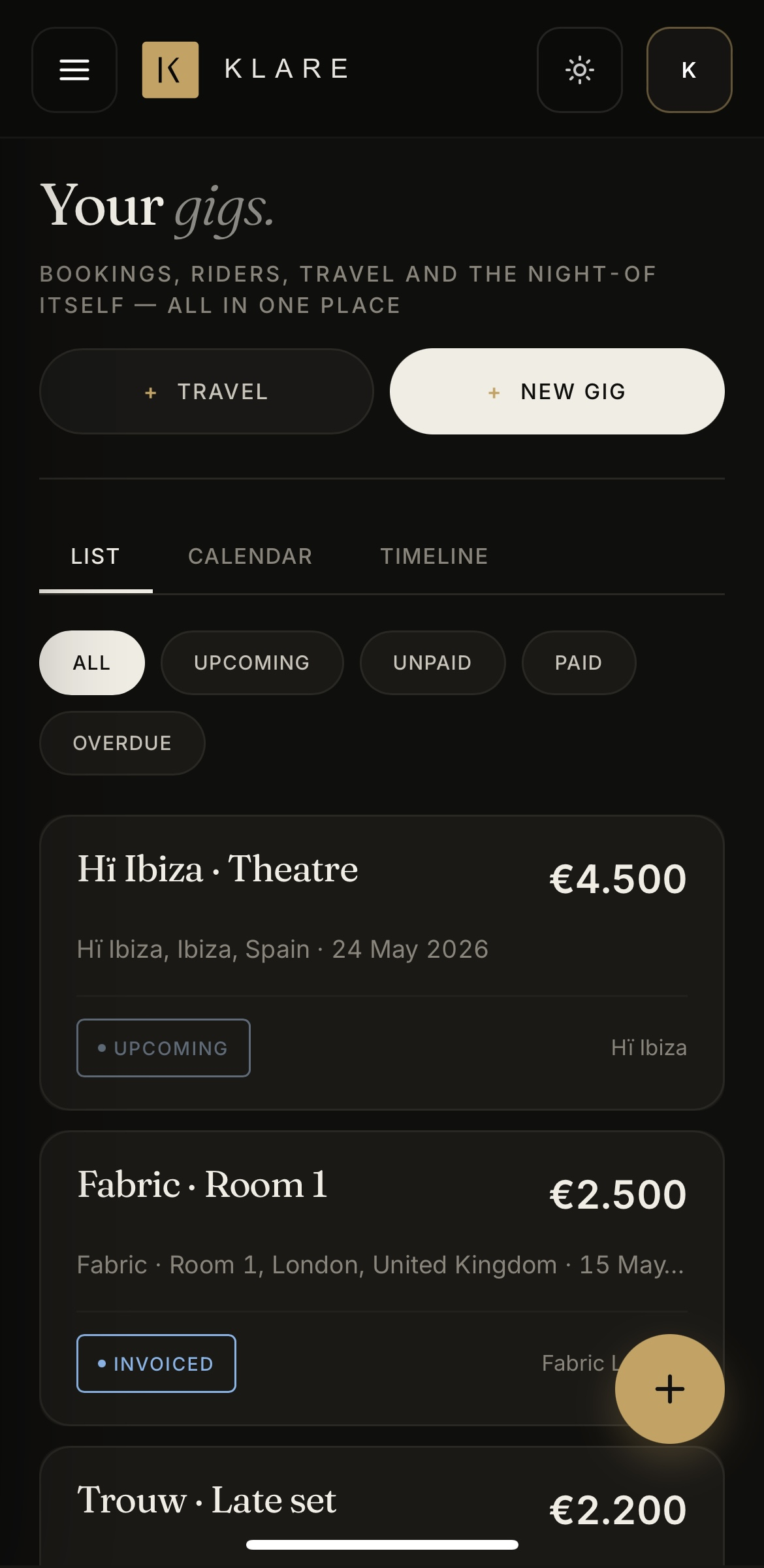 Klare gigs list in dark mode