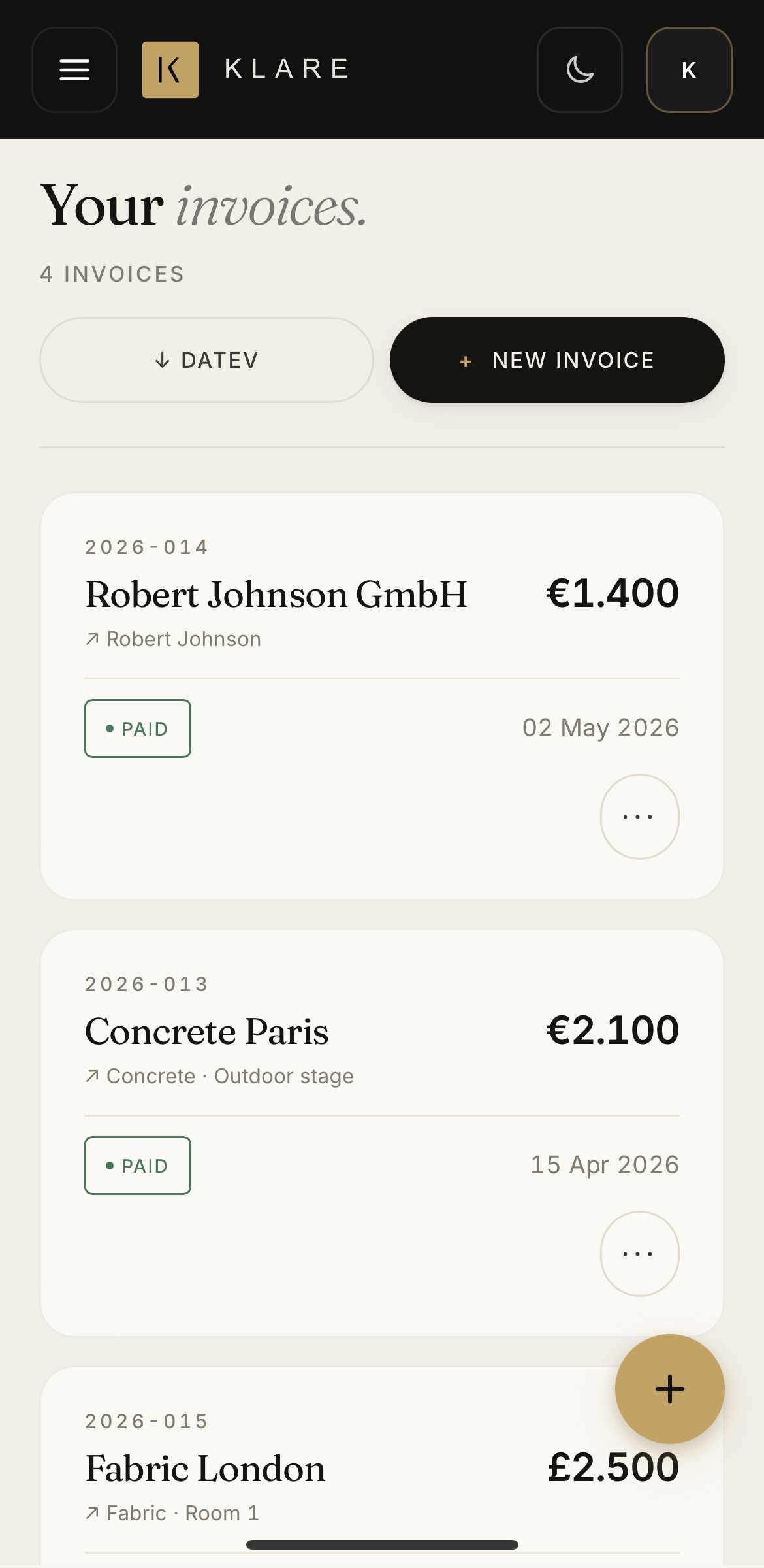 Klare invoices list with DATEV export
